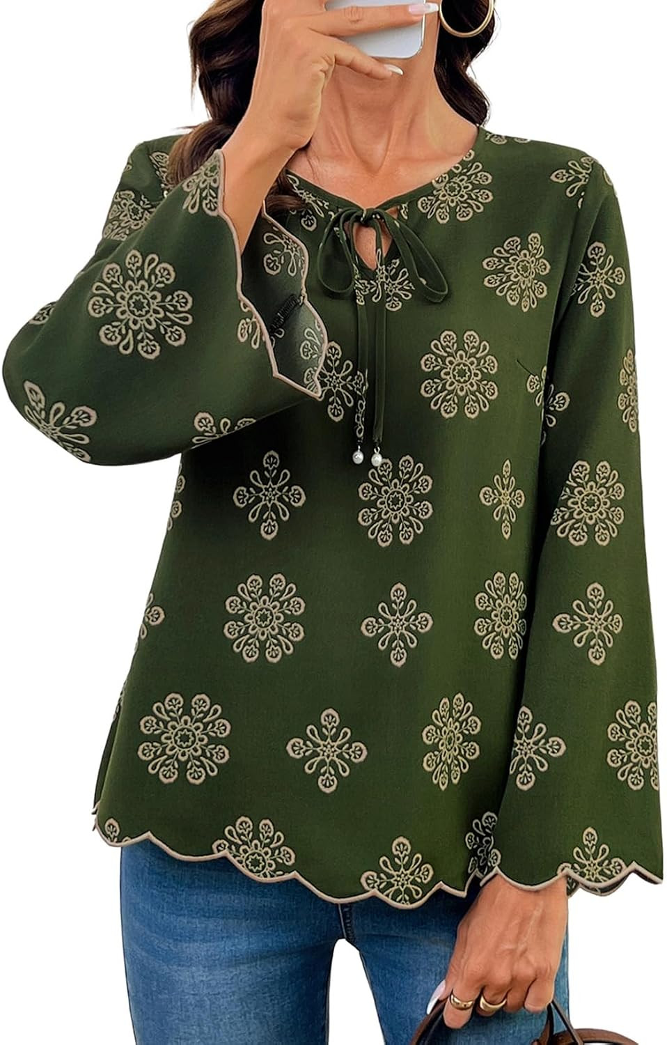 Dokotoo Blouses for Women Crewneck Scalloped Trim Bow Tie Tunic Tops | Amazon (US)