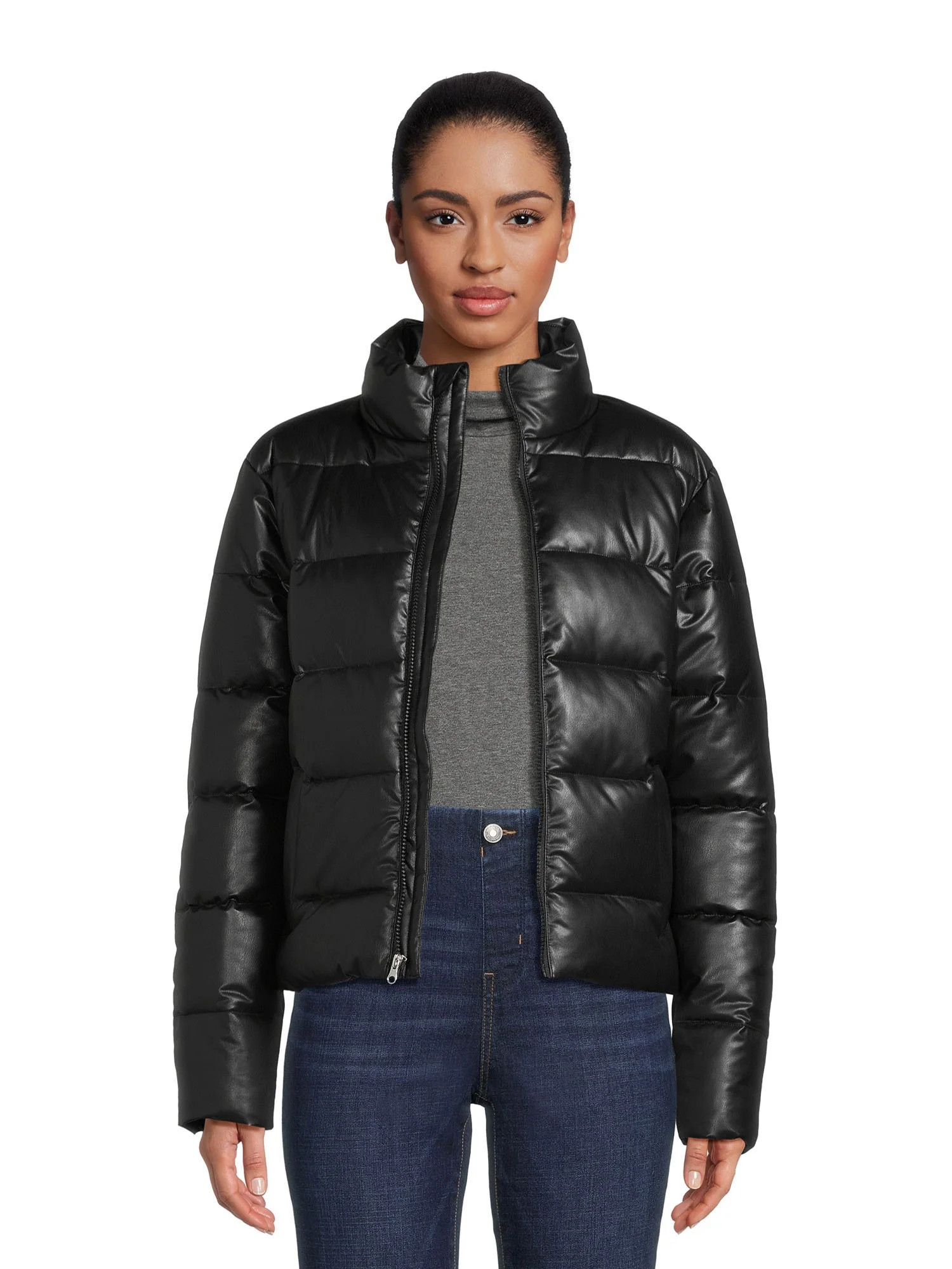 Time and Tru Women's Short Faux Leather Puffer Jacket, Sizes XS-3X | Walmart (US)