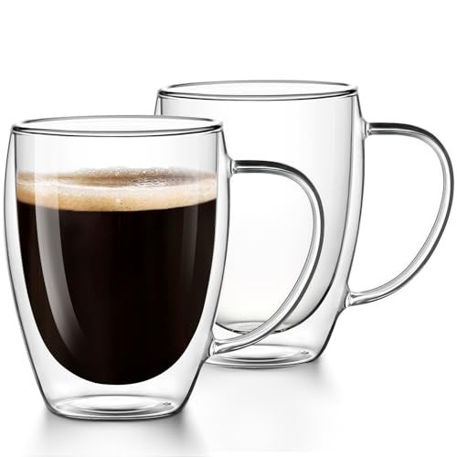 Potdoctor Double Walled Glass Coffee Mugs Set of 2, 12.5OZ Hand Blown Insulated Clear Glass Coffee Cups with Handle,Perfect for Latte,Cappuccino, Espresso, American,Tea Bag, Beverage | Amazon (US)