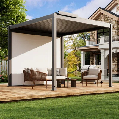 Motorized Louvered Aluminum Pergola With LED Light, Electric Screen And Solar Rain Sensor | Wayfair North America