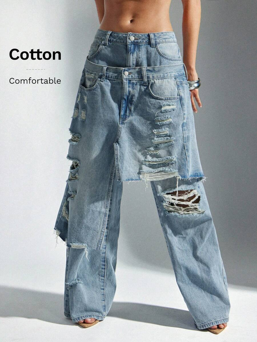 Denimoi Baggy Fit Distressed Frayed Hem Overlapping Denim Jeans | SHEIN