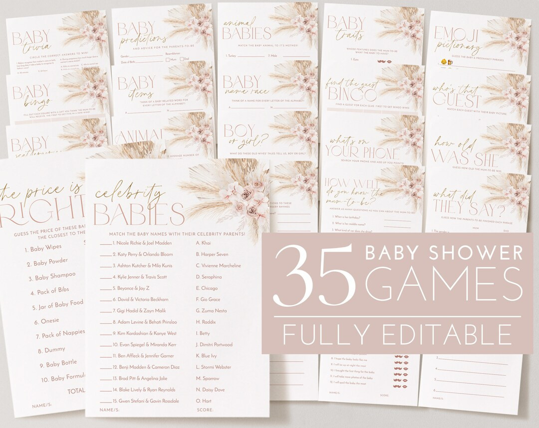Boho Baby Shower Games, Pink Pampas Floral Baby Shower Editable Games, Printable Games, Baby Game... | Etsy (US)