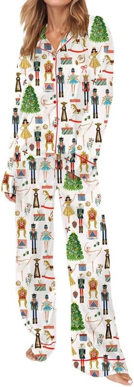 Womens Silk Satin Pajama Set Y2k Christmas Nutcracker Long Sleeve Shirt Tops and Wide Leg Pants S... | Amazon (US)