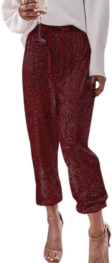 Amazon.com: ALLUMK Women's Metallic Sparkly Sequin Wide Leg Pants Paper Bag Waist Drawstring Loos... | Amazon (US)