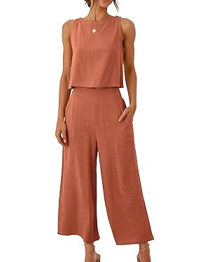 ANRABESS Women's Summer 2 Piece Outfits Sleeveless Crop Top Capri Wide Leg Pants Jumpsuit Linen L... | Amazon (US)