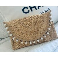 Double row pom pom straw clutch bag | Etsy (US)