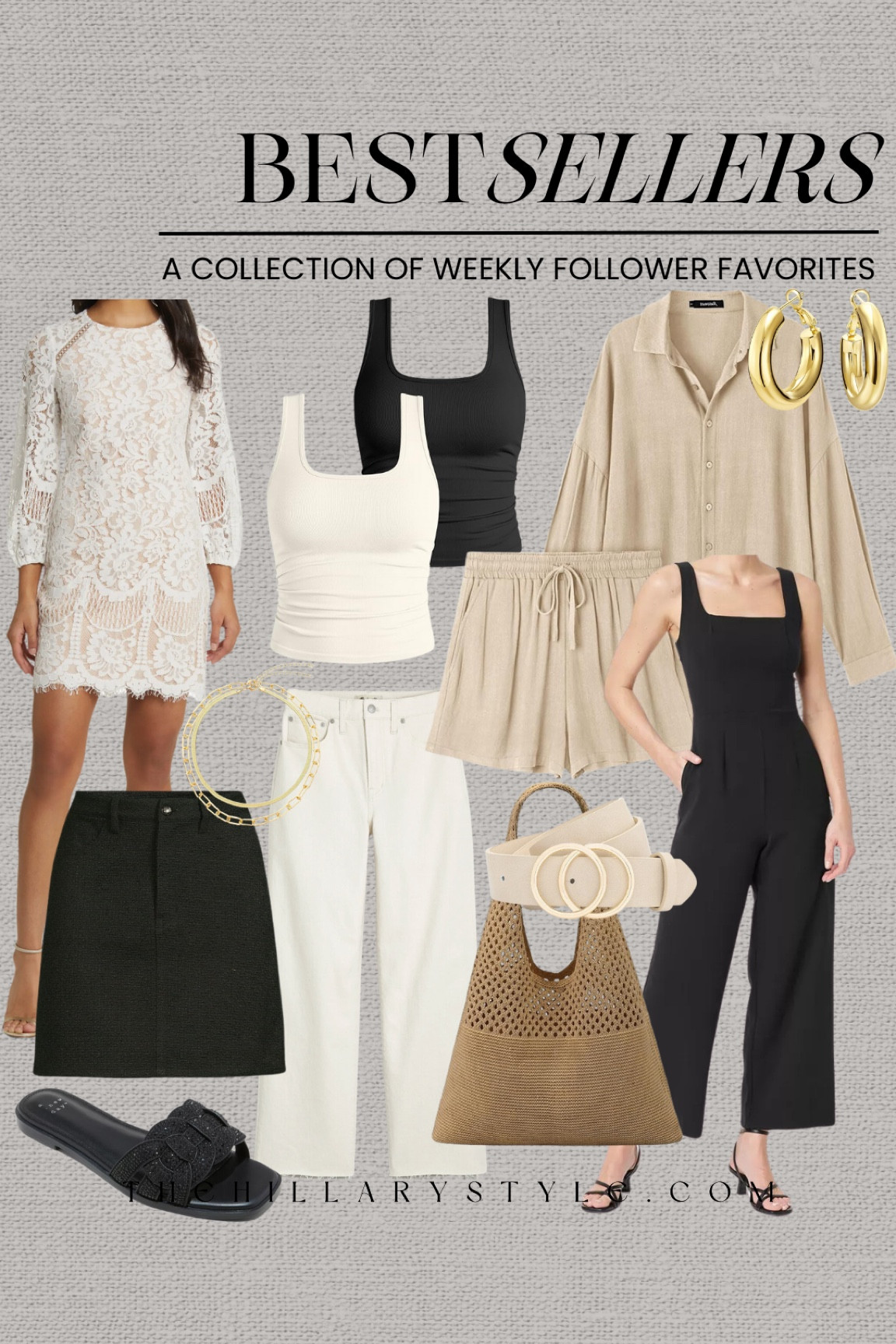 Weekly Best Sellers Fashion: Clothing from Walmart, target, Nordstrom and Amazon. Black jumpsuit, white lace, dress, seamless, tank tops, black denim skirt, white denim, jeans, beige lounge, set beach bag, belt, black sandals, jewelry.

#LTKSeasonal #LTKtravel #LTKstyletip