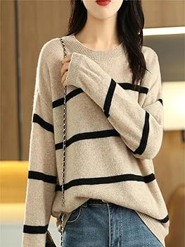 Women's Round Neck Wool Sweater Knitwear Striped Pullover Loose Casual Tops | Amazon (US)