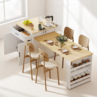 82.7" Kitchen Island with Extendable Dining Table, Outlets,Faux Marble Top, Storage Cabinet, 2 Drawers, Open Shelves, Rolling Island, Kitchen Cabinets | Target