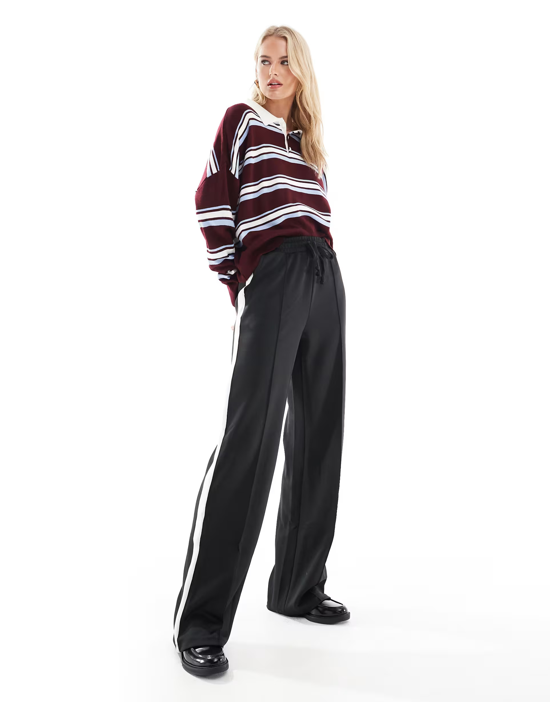 Noisy May Tall wide leg sweatpants with side stripe in black | ASOS (Global)
