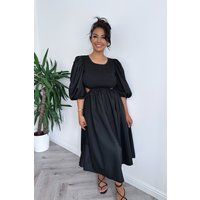 Black Dresses - Black Puff Sleeve Cut Out Waist Midi Dress | In The Style (UK)