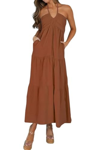 Women's Casual Halter Tiered Vacation Maxi Dress with Pockets | Amazon (US)