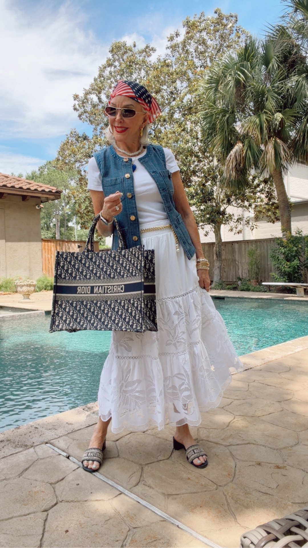 Memorial Day summer look. White tiered skirt, denim vest, and white tee. Accessories can change up this look. Scarves, shoes, bags jewelry in Americana style .

#LTKOver40 #LTKSaleAlert #LTKSeasonal
