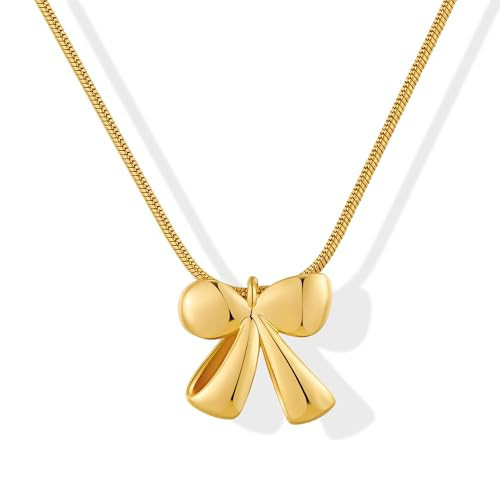 FAUTHENTICUTE Gold Bow Necklace For Women Cute 3D Polished Bowknot Pendant With Snake Chain Dainty Gold Statement Necklace Cute Bow Jewelry Gift | Amazon (US)