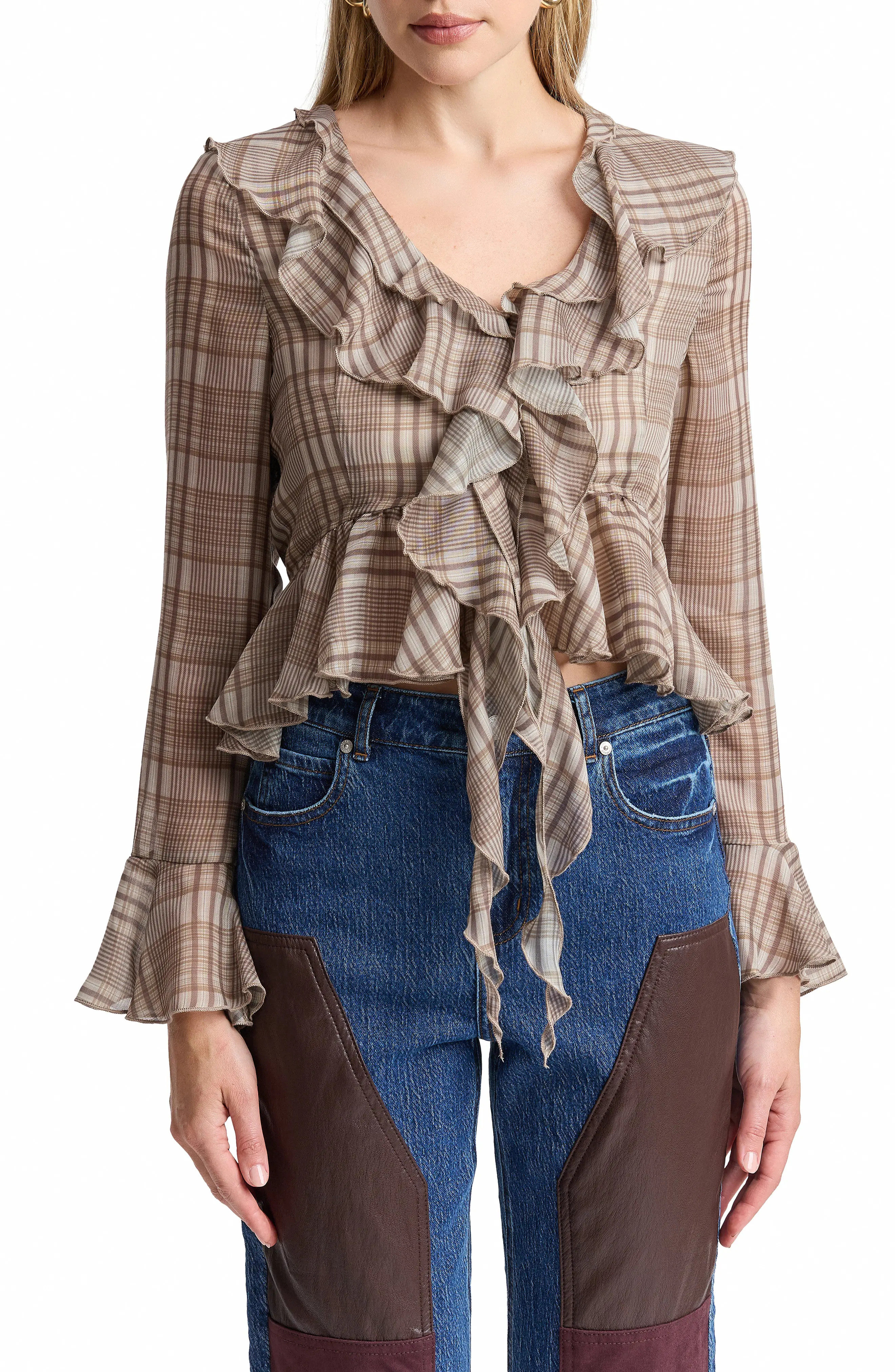 Avec Les Filles Plaid Ruffle Blouse in Natural Plaid at Nordstrom Rack, Size X-Large | Nordstrom Rack