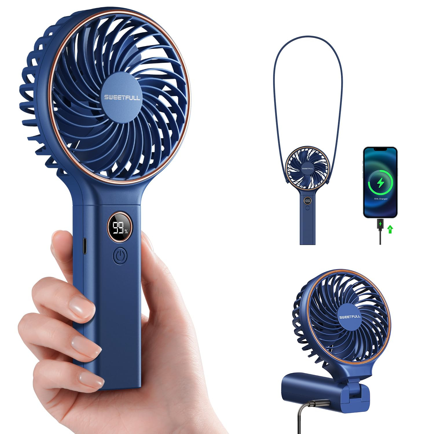SWEETFULL Handheld Portable Fan, 5000mAh Rechargeable Battery, 6 Speed Wind, LED Digital Display,... | Amazon (US)