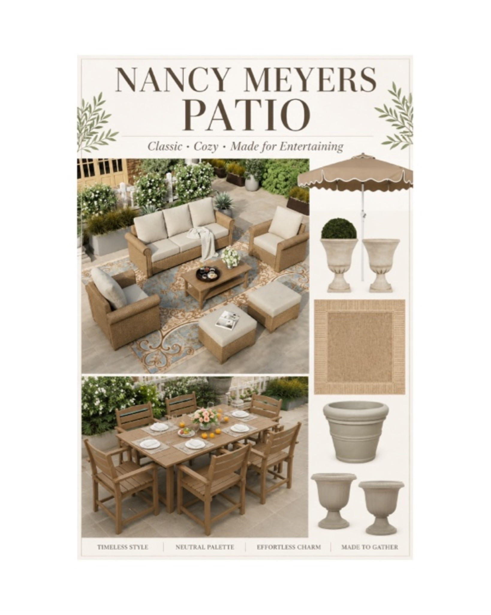 Create this warm and inviting patio just like Nancy Meyers would 💙
#patio #table #chairs #planters #umbrella