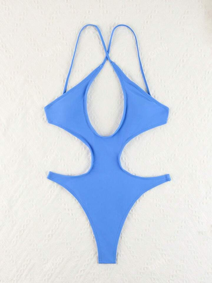 Women's Blue Spaghetti Strap Backless One Piece Swimsuit Summer | SHEIN