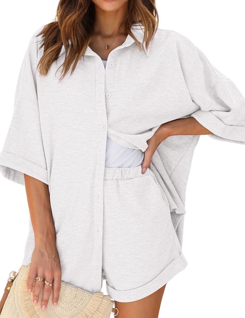 Ekouaer Pajama Sets Waffle Knit Women Short Sleeves Pjs Button Up Matching Sleepwear 2 Piece Loun... | Amazon (US)