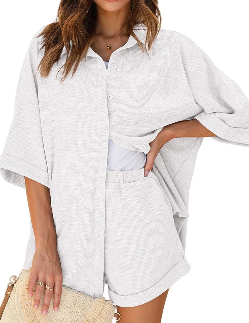 Ekouaer Pajama Sets Waffle Knit Women Short Sleeves Pjs Button Up Matching Sleepwear 2 Piece Loun... | Amazon (US)