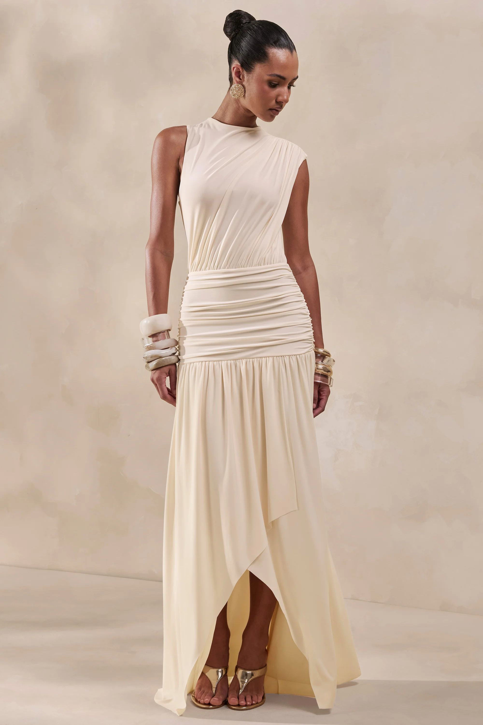 Myssara | Cream High-Neck Maxi Dress Gathered-Detailing | Club L London