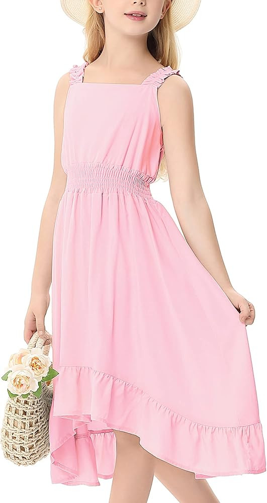 Kukume Girls Sundress Casual Summer Square Neck A-line Elastic Waist High Low Ruffle Hem Midi Dre... | Amazon (US)