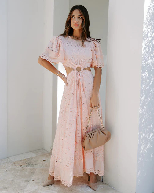 Delilah Eyelet Cotton Blend Cutout Maxi Dress - Pink | VICI