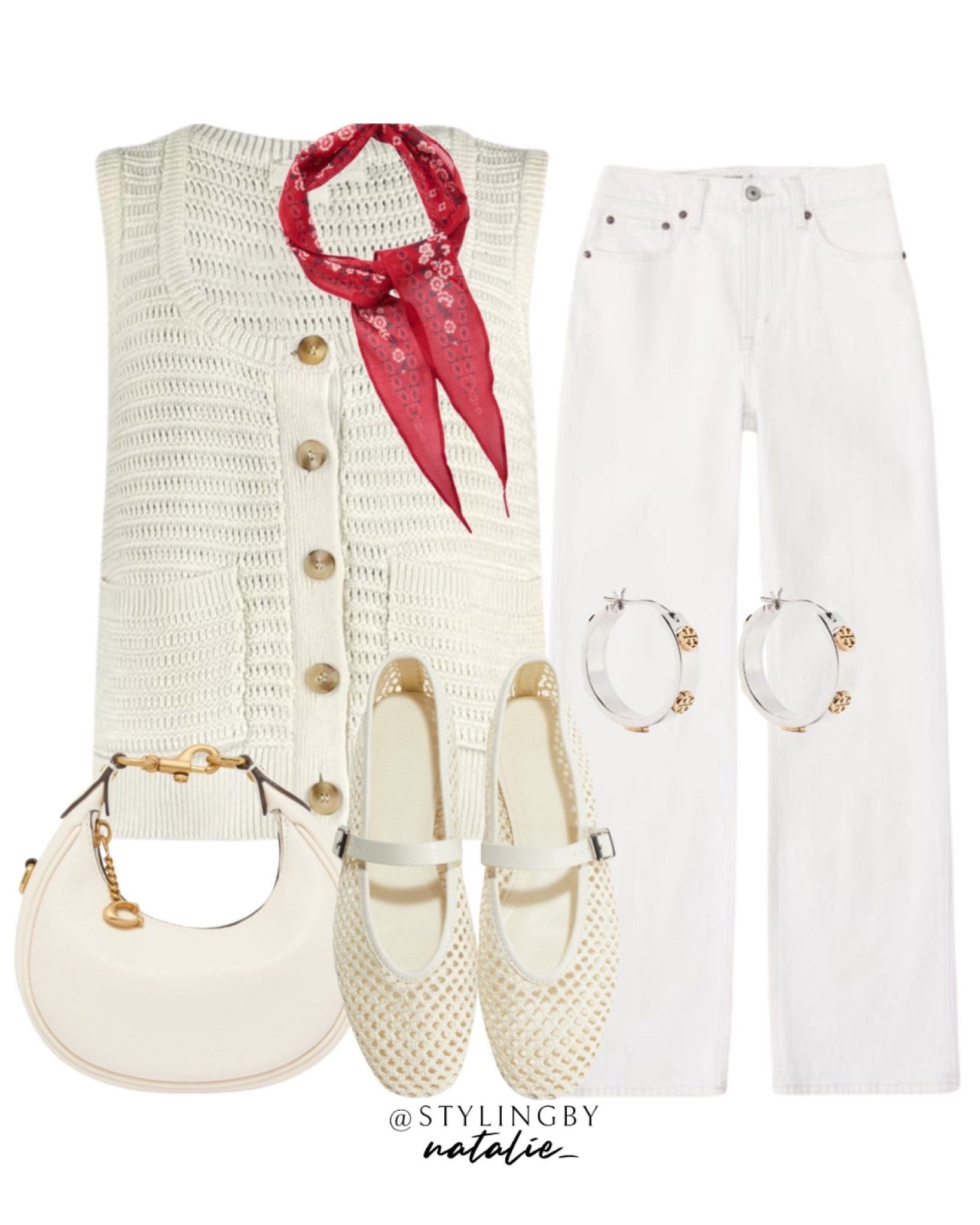 Knit button up vest, red bandana scarf, high waist white jeans, mesh ballet flats, coach bag and hoop earrings.
🏷️Casual outfit, early autumn outfit, pre fall look, Mary Jane’s, neutral outfit, pop of red ❤️

#LTKstyletip #LTKeurope #LTKshoes