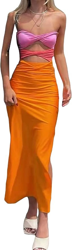 Women Hollow Out Bodycon Maxi Dresses Y2K Spaghetti Strap Backless Cami Dress Split Elegant Eveni... | Amazon (US)