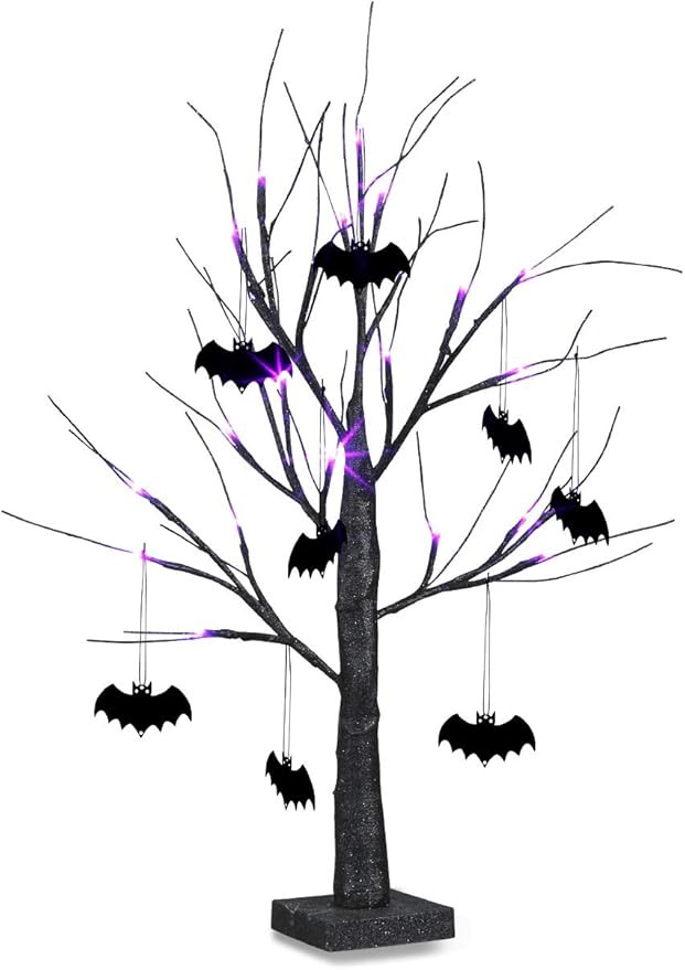 Vanthylit 2FT 24LED Black Spooky Tree Glittered with Purple Lights and Bat Decorations Battery Po... | Amazon (US)