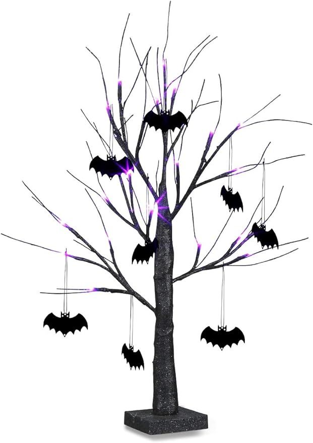 Vanthylit 2FT 24LED Black Spooky Tree Glittered with Purple Lights and Bat Decorations Battery Po... | Amazon (US)