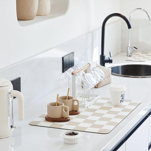 Checkered Dish Drying Mat for Kitchen Counter, Coffee Bar Station Accessories, Retro Cute Aesthet... | Amazon (US)