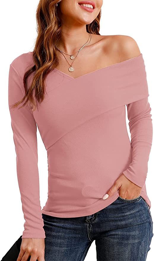 POKWAI Womens Casual Long Sleeve Tops Cross V Neck Off Shoulder Tops Ribbed Knit Shirts Blouse | Amazon (US)