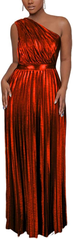 AOMEI Women's Luxury Metallic One Shoulder Sleeveless Elegant Pleated Long Dress | Amazon (US)