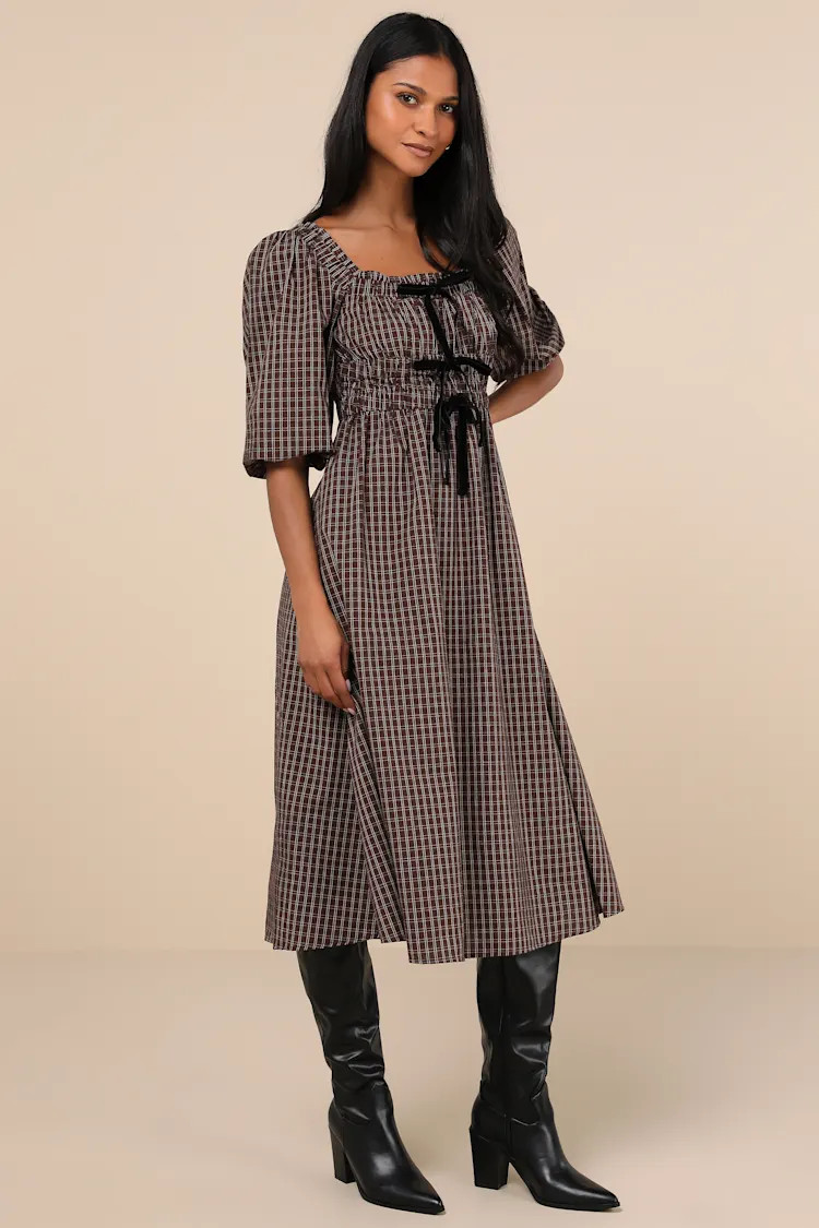 Essence of Adorable Brown Plaid Midi Dress | Lulus