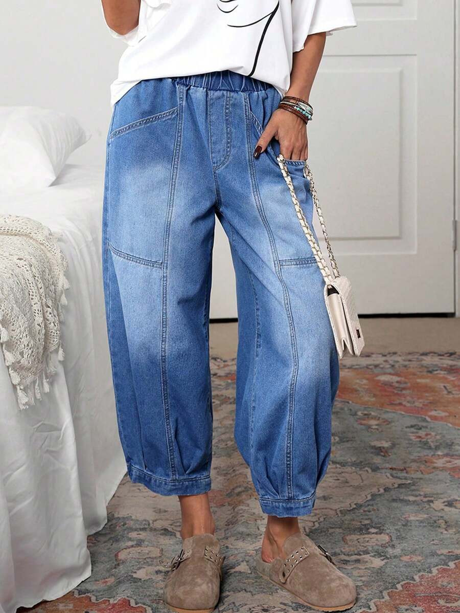 EMERY ROSE Plus Size Casual Washed Loose Fit Drawstring Waist Jeans | SHEIN