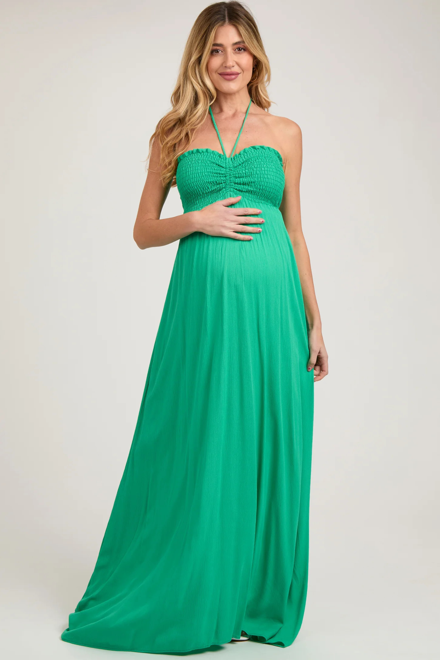Green Smocked Halter Maternity Maxi Dress | PinkBlush Maternity