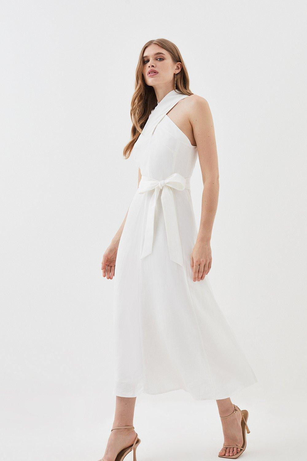 Lydia Millen Tall Linen Notch Belted Full Skirt Midi Dress | Karen Millen US