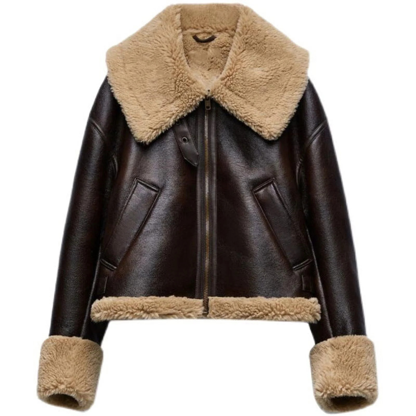Shearling Trim Collar Cuff and Hem Jacket - Walmart.com | Walmart (US)