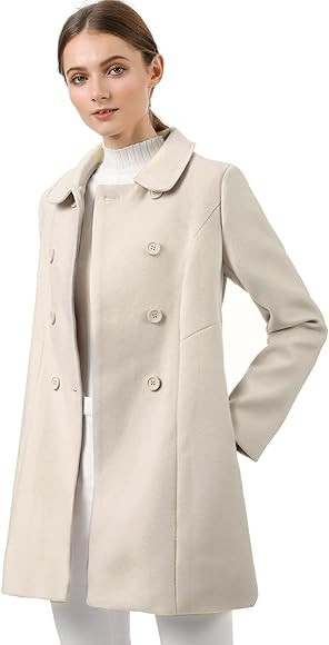 Allegra K Women's Peter Pan Collar Double Breasted Winter Long Trench Pea Coat | Amazon (US)