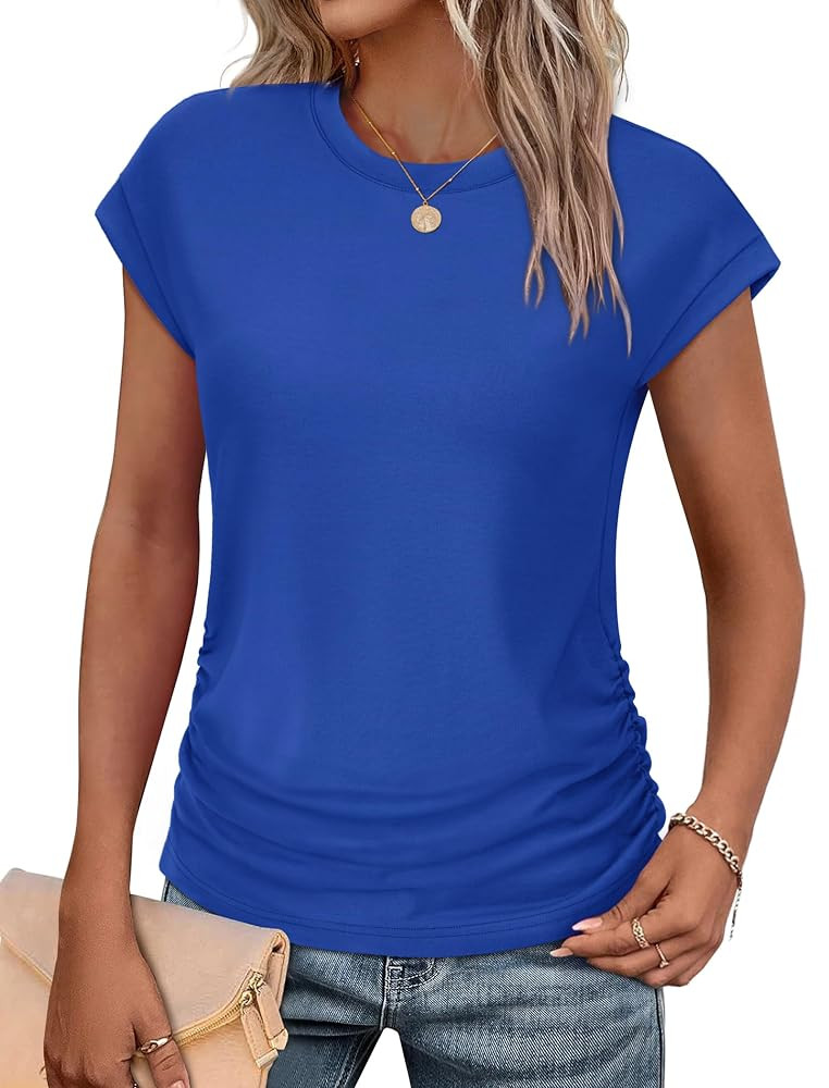 SAMPEEL Womens Summer Tops Trendy 2025 Ruched Cap Short Sleeve Tshirts Shirts Crew Neck T Shirts ... | Amazon (US)