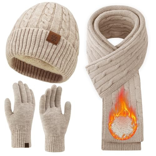 MA COWCF Womens Winter Beanie Hat Scarf Gloves Set, Knit Touch Screen Gloves Long Scarf Skull Caps Fleece Lined Winter Gift for Women Men(Khaki) | Amazon (US)