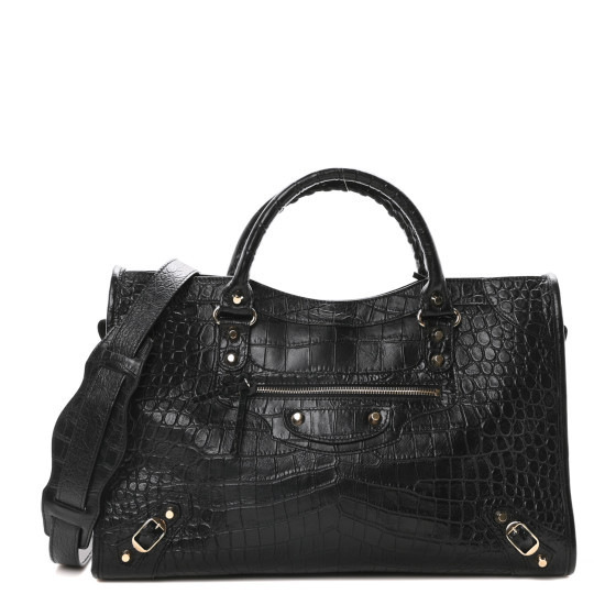 Calfskin Crocodile Embossed Gold Hardware City Black | FASHIONPHILE (US)
