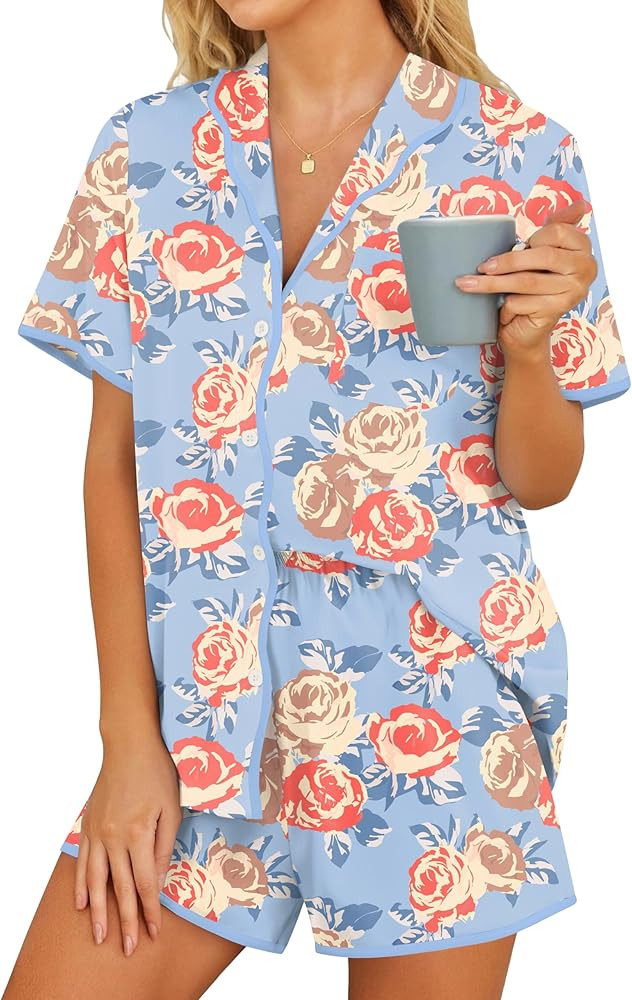 Ekouaer Pajamas Set for Women Short Sleeve PJ Set Button Down Soft Sleepwear Shorts Lounge Set | Amazon (US)