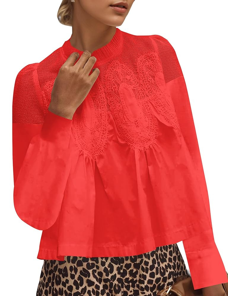 Women’s Lace Flared Short Sleeve Blouse Lace Poplin Ruffle Mesh Crew Neck Swing Babydoll Tops E... | Amazon (US)