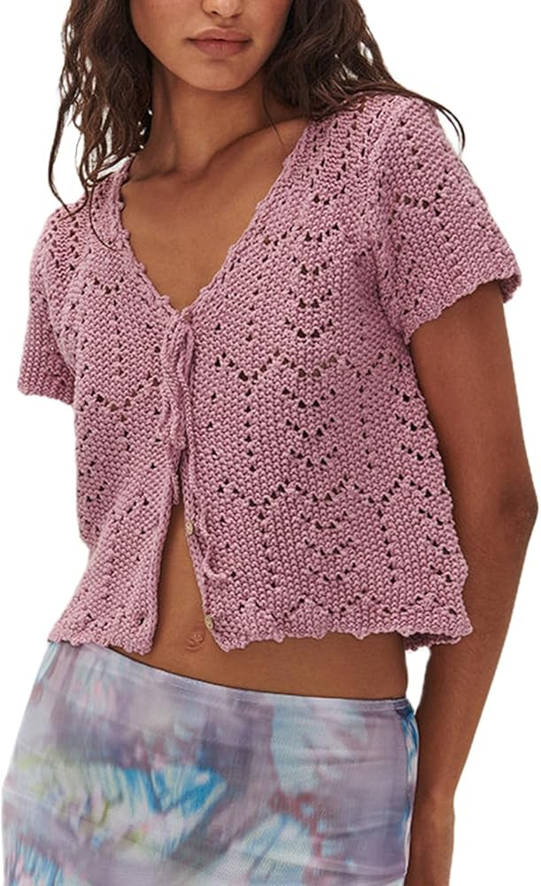 Crochet Tops for Women Knitted Summer Vest Hollow Out Button Down Shirts Short Sleeve Crop Tops F... | Amazon (US)