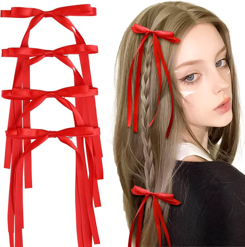 VOBOBE 4PCS Hair Bows for Women Girls, Red Tassel Ribbon Bowknot Hair Clips Barrettes for Girl wi... | Amazon (US)
