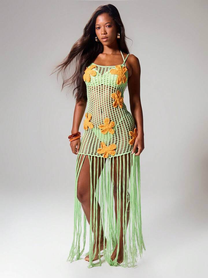 MUSERA Thin Strap Floral Applique Crochet Knit Tassel Hem Fitted Maxi Dress Over Up Swim Ibiza Sexy Vacation Holiday Spring Summer Festival Beachwear Romantic Elegant Tequila Sunrise, Beach Club | SHEIN