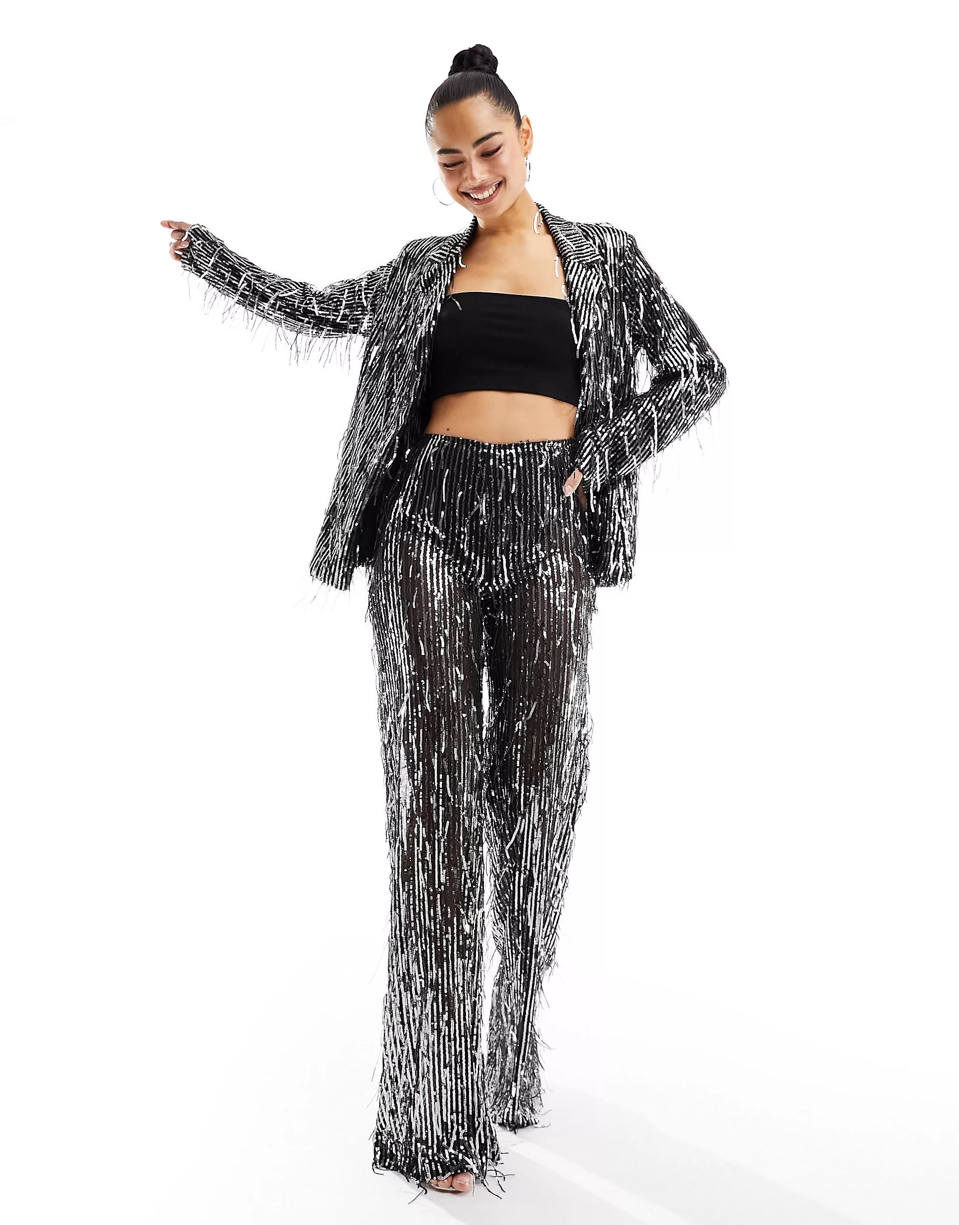 Pull&Bear sequin fringed trouser co-ord in silver | ASOS (Global)