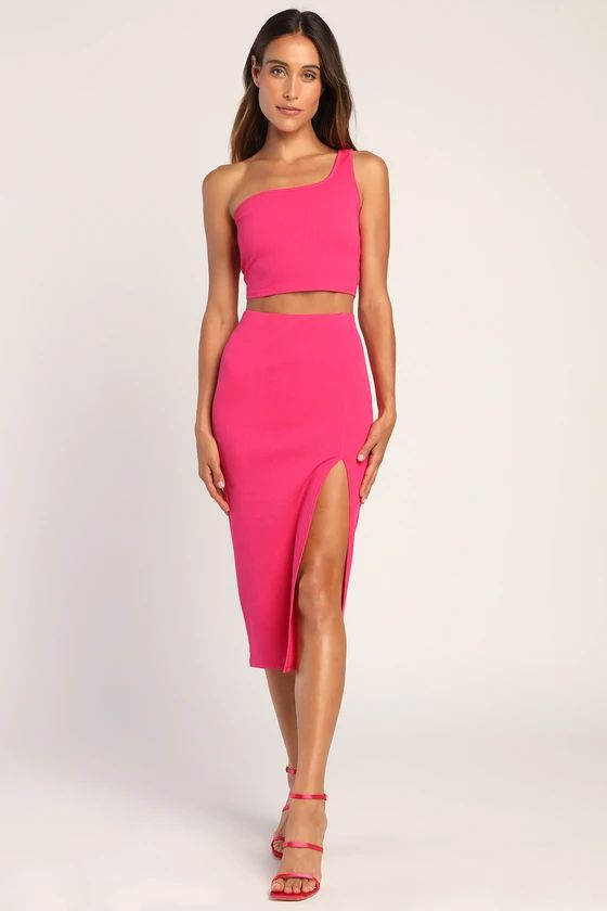 Phenomenal Style Magenta One-Shoulder Two-Piece Midi Dress | Lulus
